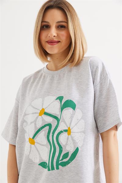 Baskılı Bisiklet Yaka Tshirt Açık Gri