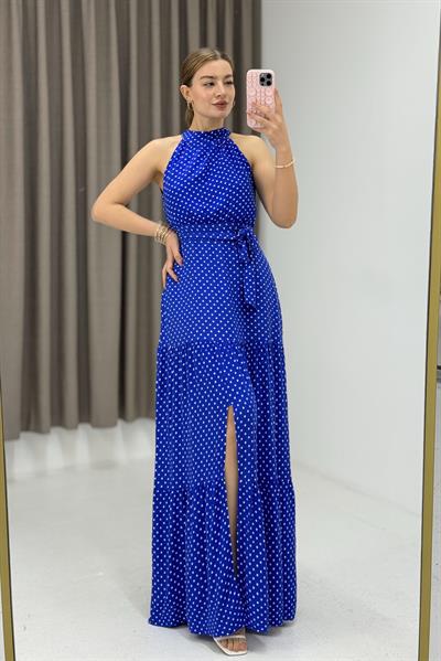 Yırtmaçlı  Beli Bağlamalı  Benek Desen Elbise  Saks