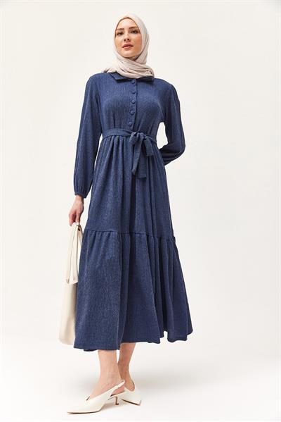 Yarım Düğmeli Beli Kuşaklı Elbise Lacivert