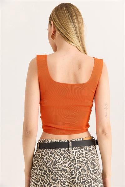  Kare Yaka Crop Triko Bluz Turuncu