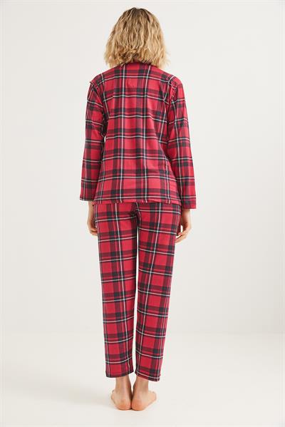 Düğmeli Uzun Kollu Pijama Takımı Kırmızı
