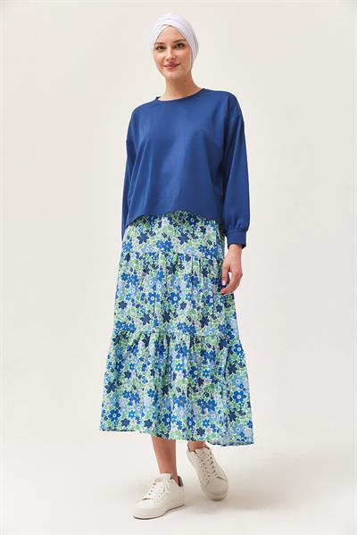 Çiçek Desenli Etekli İkili Takım Lacivert