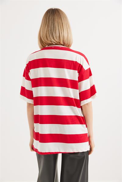 Bisiklet Yaka  Çizgili Basic Tshirt Kırmızı