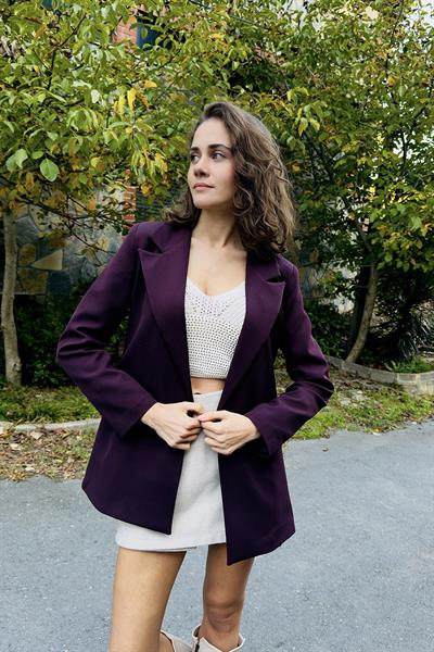 Kadın Arkası İnce Kuşak Bağlamalı  Modern Klasik Blazer Ceket Mürdüm