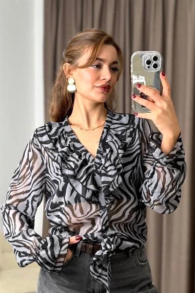Zebra Desen Düğmeli Fırfırlı Bağcık Detaylı Özel Tasarım Bluz Füme