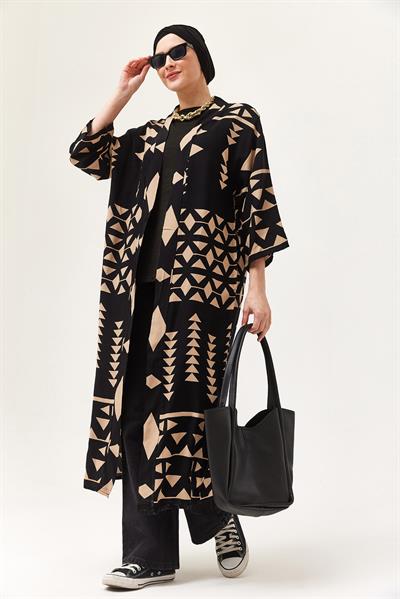 Oversize Şerit Detaylı Kimono Hırka Vizon