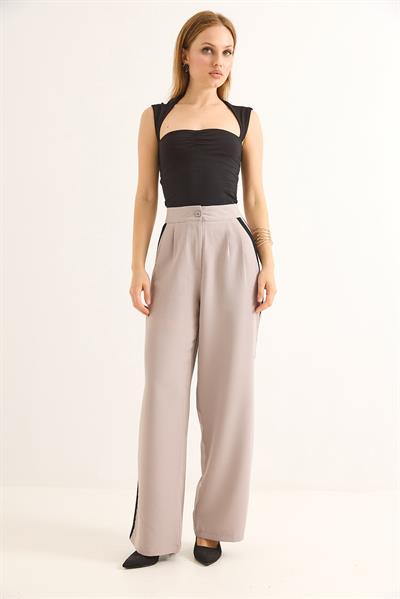 Yanları Şeritli Yüksel Bel Palazzo Pantolon Gri