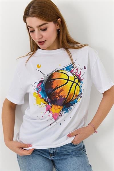 Kadın Basketbol Grafik Baskılı Günlük Tshirt  Beyaz