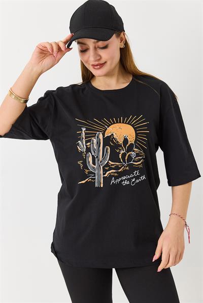 Kadın Çöl Tema Baskılı Bisiklet Yaka Tshirt Siyah