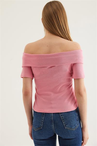 Omuz Açık  Düğme Detaylı Bluz Pembe