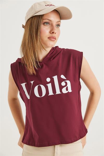 Kapüşonlu Sıfır Kol Baskılı Tshirt Bordo