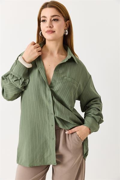 Kadın Oversize Müslin Kumaş Basic Gömlek Haki