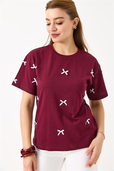 Fiyonk Detaylı Fit Pamuk Tshirt Bordo
