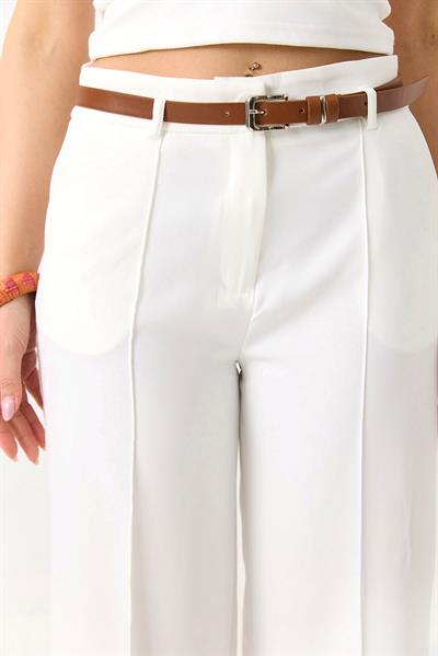 Kadın Paçası Dikişli Kemerli Şık Pantolon Beyaz