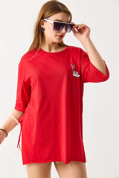 Kadın Yanları Yırtmaçlı Oversize  Basic Tshirt Kırmızı