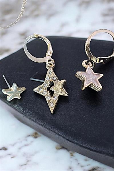 3Lü Yıldızlı Sarkıt Küpe Gold