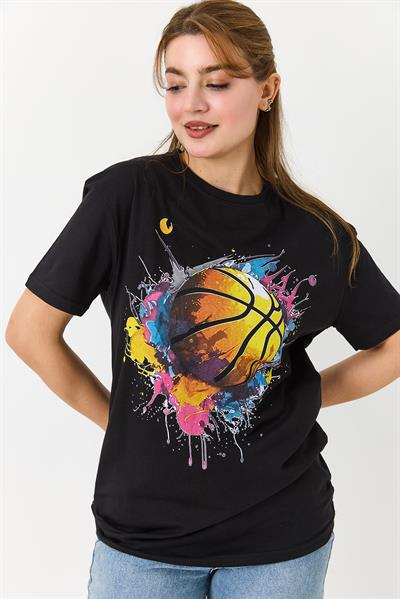 Kadın Basketbol Grafik Baskılı Günlük Tshirt  Siyah