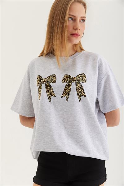 Kurdele Baskı Detaylı Basic Tshirt Gri