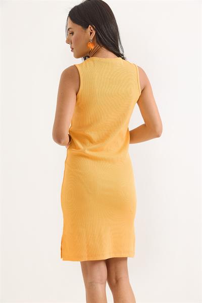 Sıfır Kol Kaşkorse Yırtmaçlı Midi Elbise Sarı