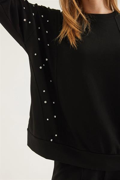 Taş Detaylı Modal Sweatshirt Siyah
