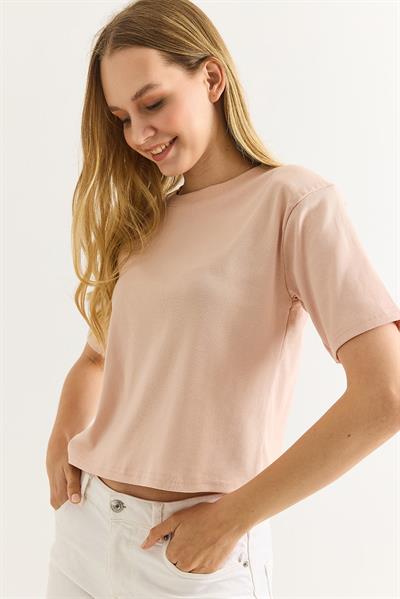 Vatkalı Bisiklet Yaka Basic Tshirt Pudra