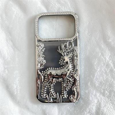 İphone 17 Pro Uyumlu Geyik ve Çiçek Kabartmalı Kılıf Gri