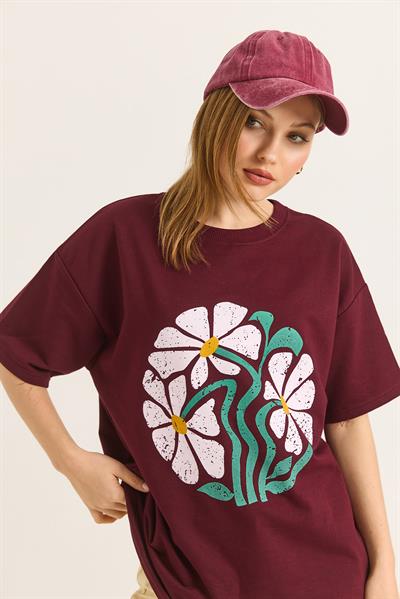Baskılı Bisiklet Yaka Tshirt Bordo