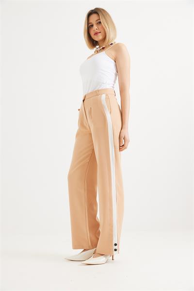 Yanları Şeritli Bol Paça Pantolon Vizon