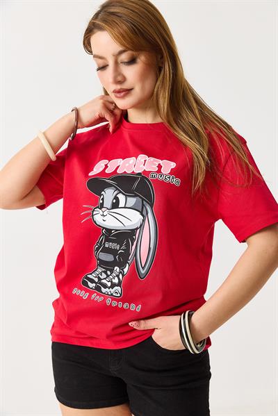 Kadın Baskılı Bisiklet Yaka Kısa Kol Tshirt Kırmızı