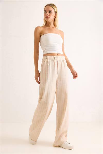 Çizgi Desenli Bol Paçalı Keten Pantolon Pembee