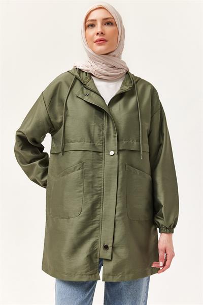 Çıtçıtlı Kapüşonlu Yağmurluk Haki
