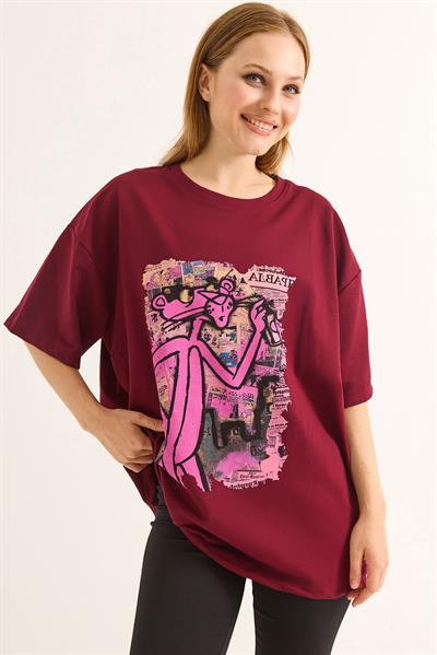 Baskılı Oversize Kesim Kadın Tshirt Bordo