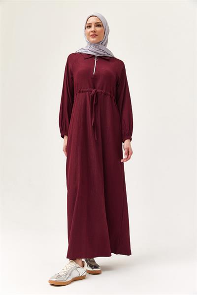 Gömlek Yaka Bel Tünelli Bürümcük Elbise Bordo