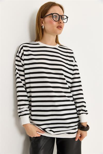 Çizgili Oversize Tunik Siyah Beyaz
