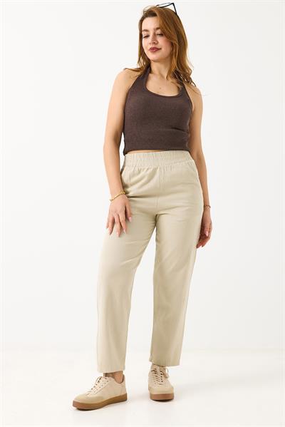 Kadın Kanvas Cepli Mom Pantolon Bej