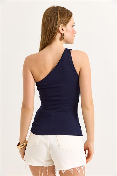 Tek Omuz Esnek Kumaş Bluz Lacivert