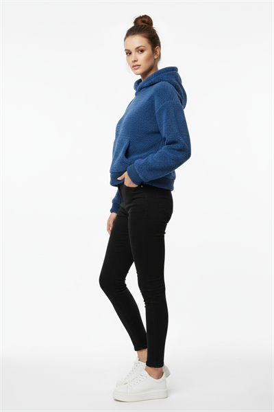 Kadın Kapüşonlu Welsoft Uzun Kollu Sweat Mavi