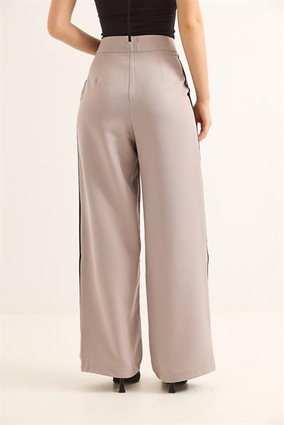 Yanları Şeritli Yüksel Bel Palazzo Pantolon Gri