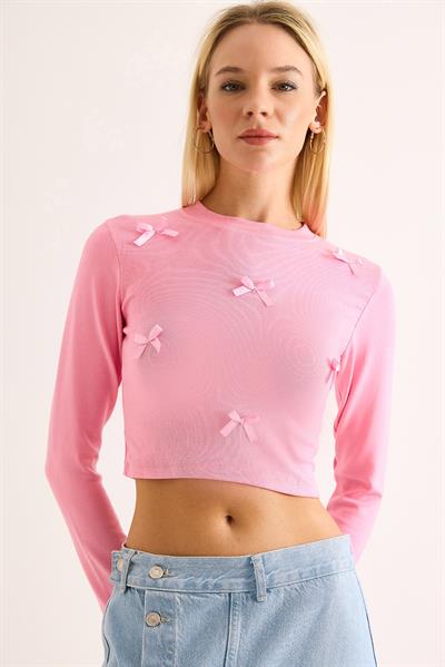 Kadın Kurdeleli Uzun Kollu Crop Bluz Pembe