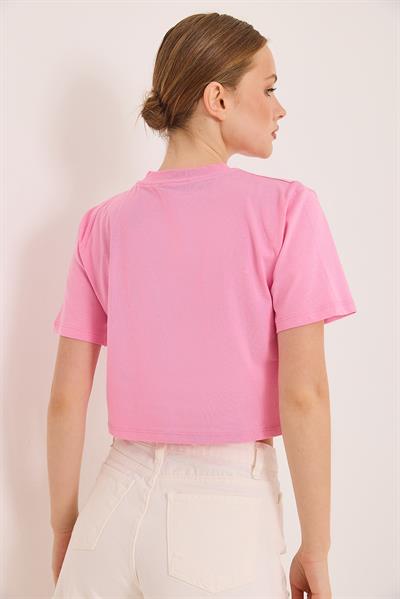 Nakışlı Örme Pamuk Crop Tshirt Pembe