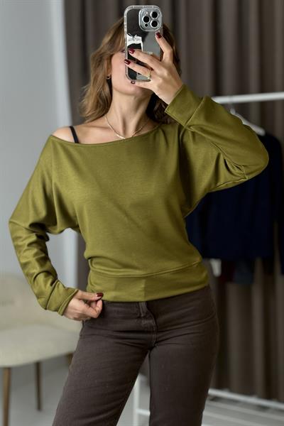 Kadın Beli Bantlı Yarasa Yumuşak Dokulu Bluz Yağ Yeşili