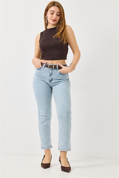 Kadın Mom Kemerli Kot Pantolon Açık Mavi