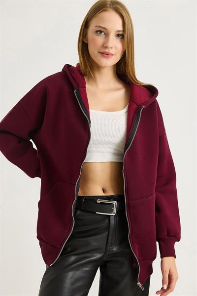 Kadın Oversize Kapüşonlu Fermuarlı Hırka Bordo