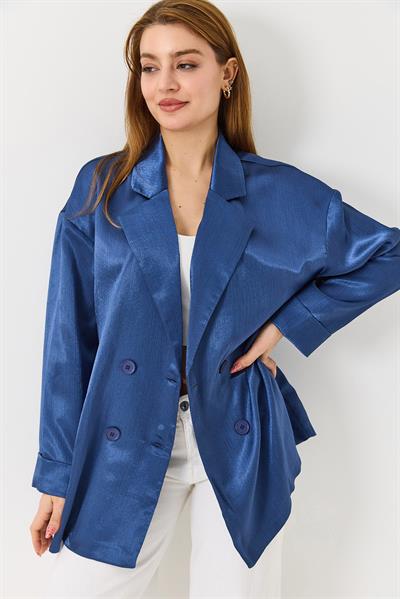 Kadın  Kruvaze Yaka Saten Oversize Blazer Ceket Saks