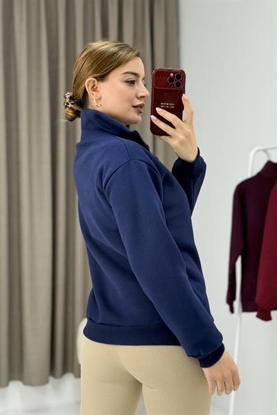 Kadın Lacivert Yarım Fermuarlı Üç İplik Sweat 