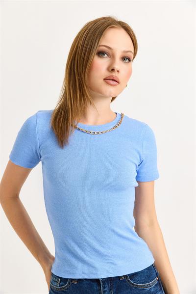 Bisiklet Yaka Zincir Detaylı Kaşkorse Bluz  Mavi