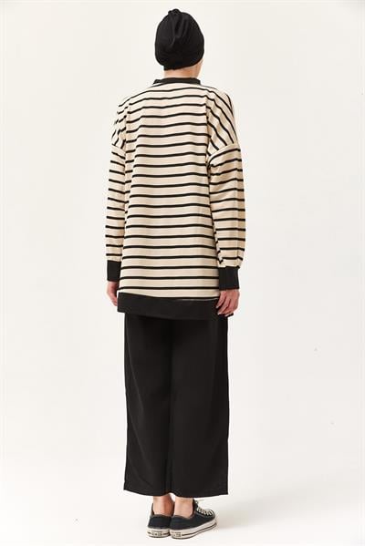 Yakası Düğmeli Çizgili İkili Takım Siyah