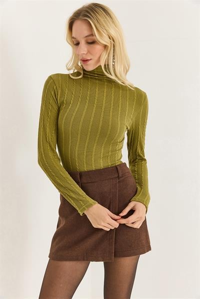 Kadın Balıkçı Yaka Triko Esnek Kazak Yağ Yeşili