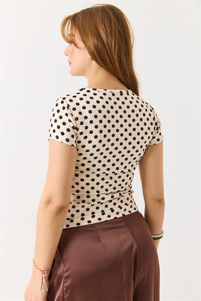 Kadın Puantiyeli Bisiklet Yaka Kısa Kollu Bluz Kahverengi