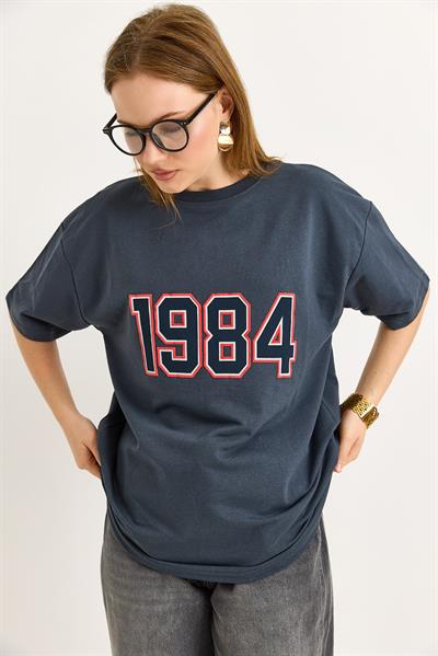 1984 Baskılı Oversize Tshirt Füme